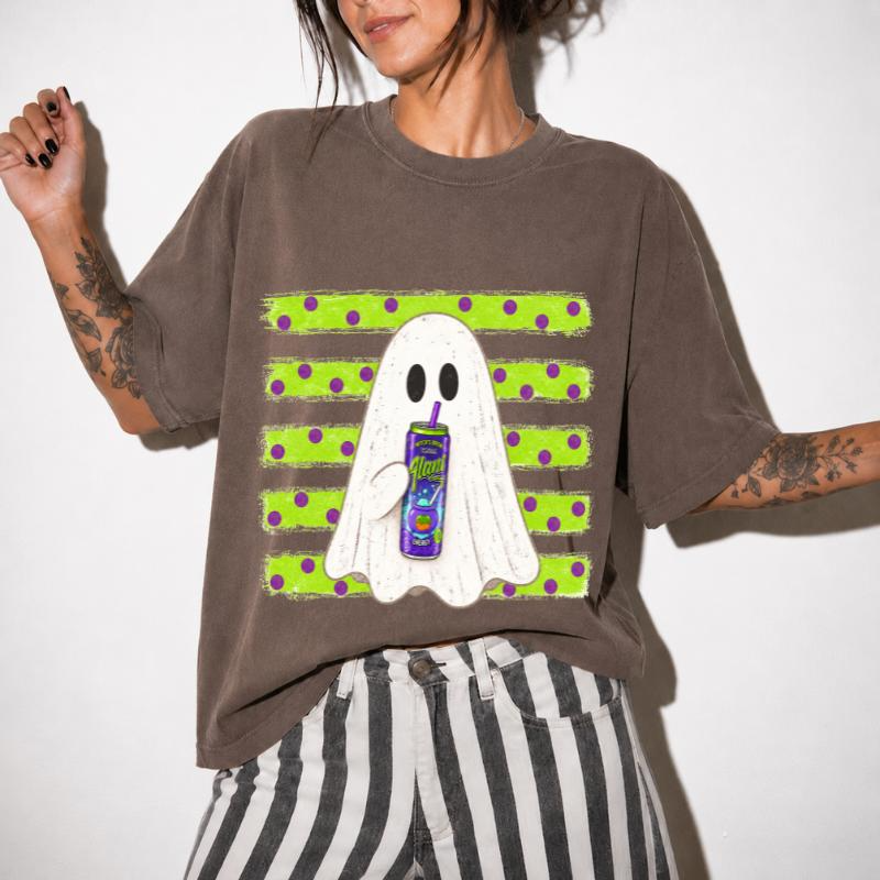 Ghost Sipping a Drink with Polka Dot Stripes Halloween Graphic Tee