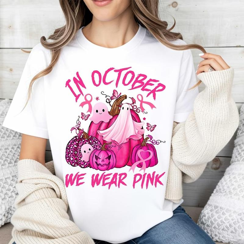 In October We Wear Pink Ghost and Pumpkin Halloween Graphic Shirt