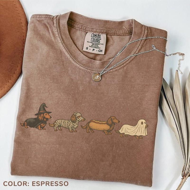 Halloween Dachshund Costume Parade Graphic T-Shirt with Vintage-Inspired Dog Artwork