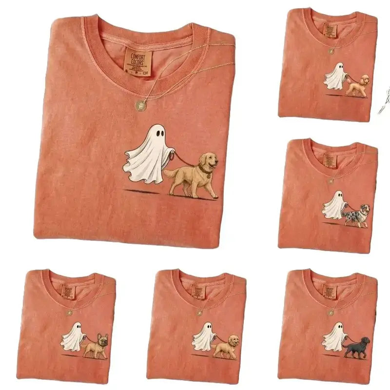 Ghost Walking a Dog Graphic Tee with Playful Halloween Artwork