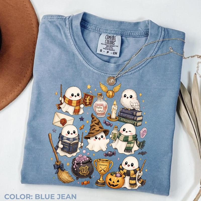 Cute Wizard Ghost Graphic T-Shirt with Owl and Magical Halloween Artwork