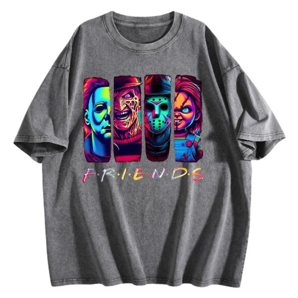 Neon Horror Character Portraits Friends Graphic Crewneck Short Sleeve T-Shirt
