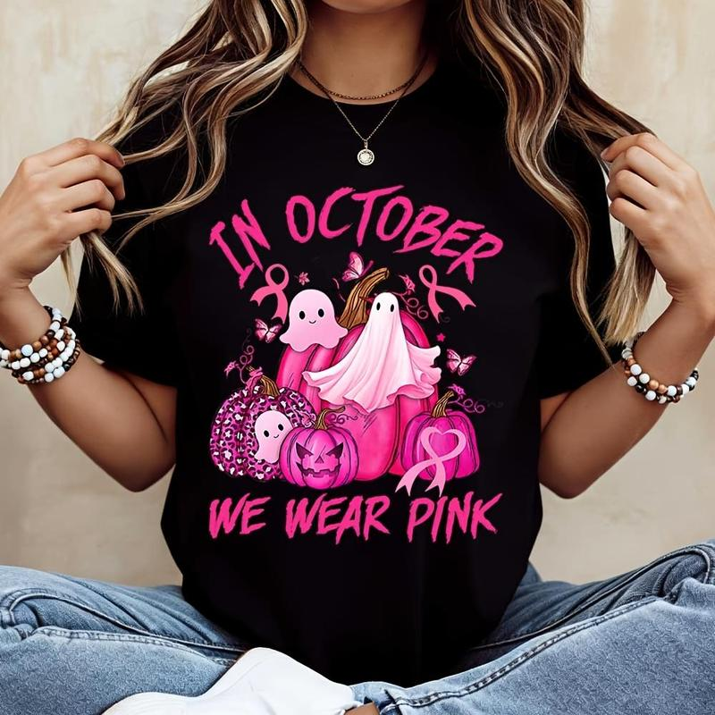 In October We Wear Pink Ghost and Pumpkin Halloween Graphic Shirt