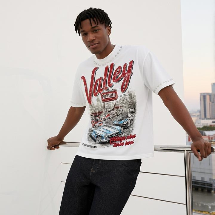 Vintage Valley Car Meet Graphic Tee with Studded Trim