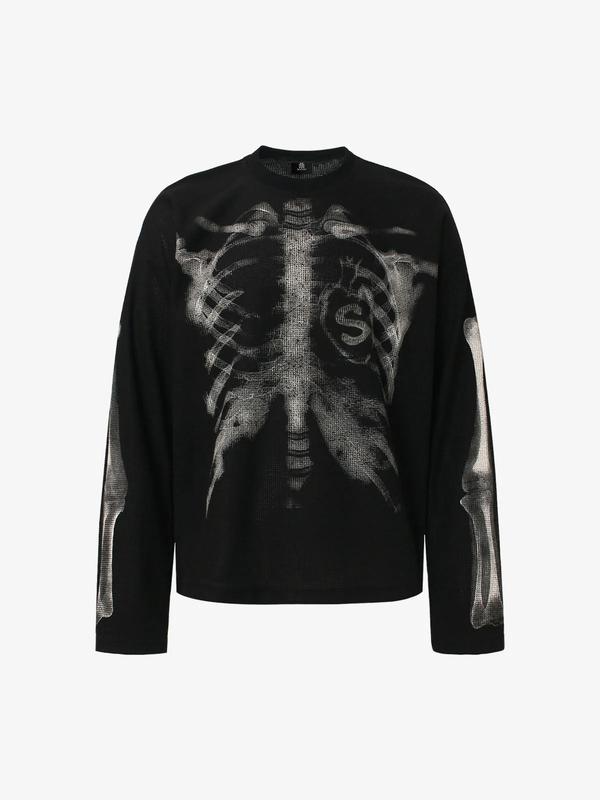 X-Ray Skeleton Rib Cage and Arm Bone Graphic Long Sleeve Crewneck Top