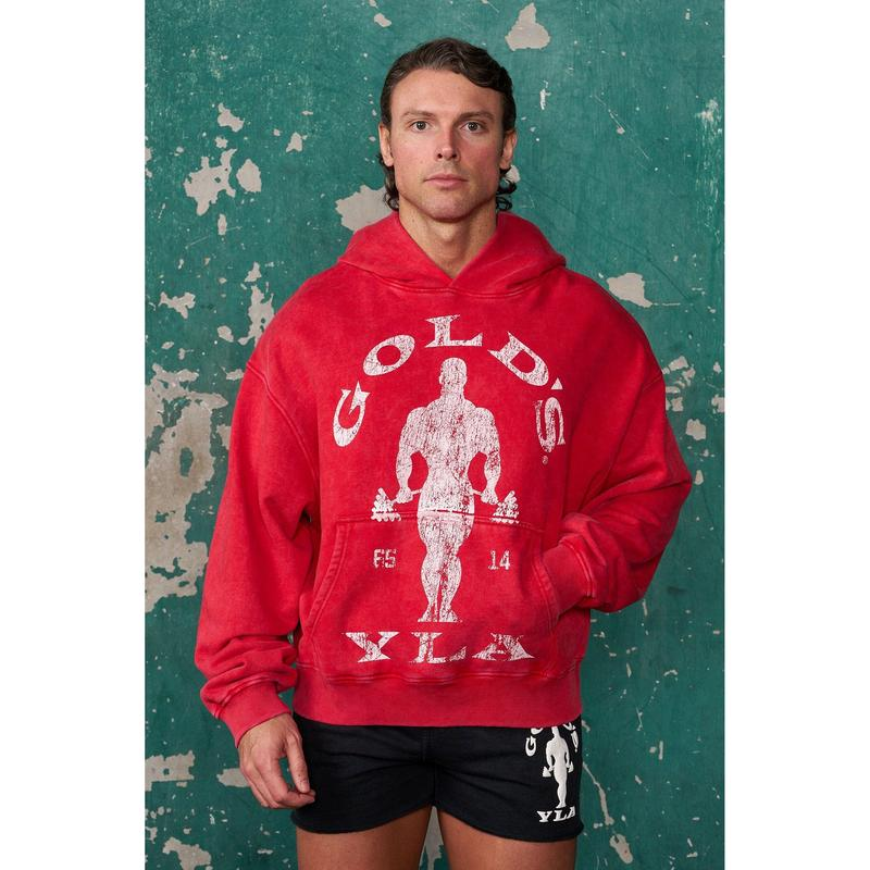 Vintage Bodybuilder Barbell Graphic Distressed Gym Pullover Hoodie