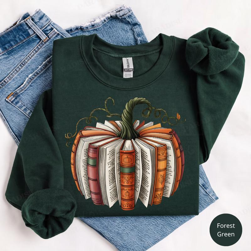 Vintage Book Pumpkin Graphic Crewneck Top for Fall Reading Days