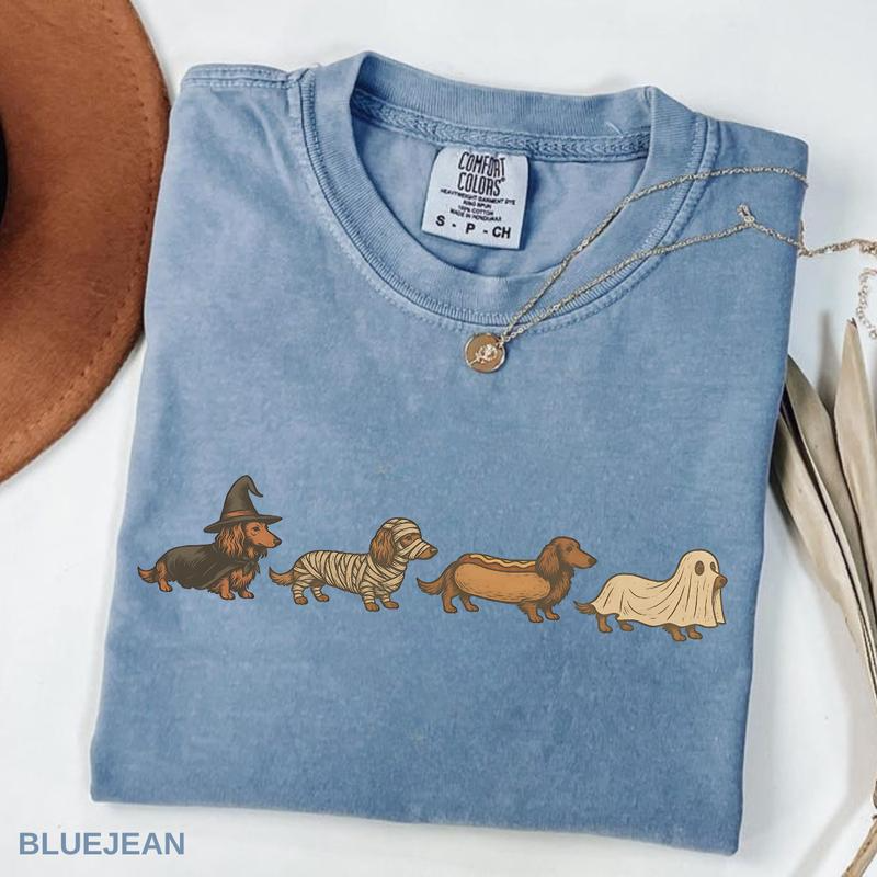 Halloween Dachshund Costume Parade Graphic T-Shirt with Vintage-Inspired Dog Artwork