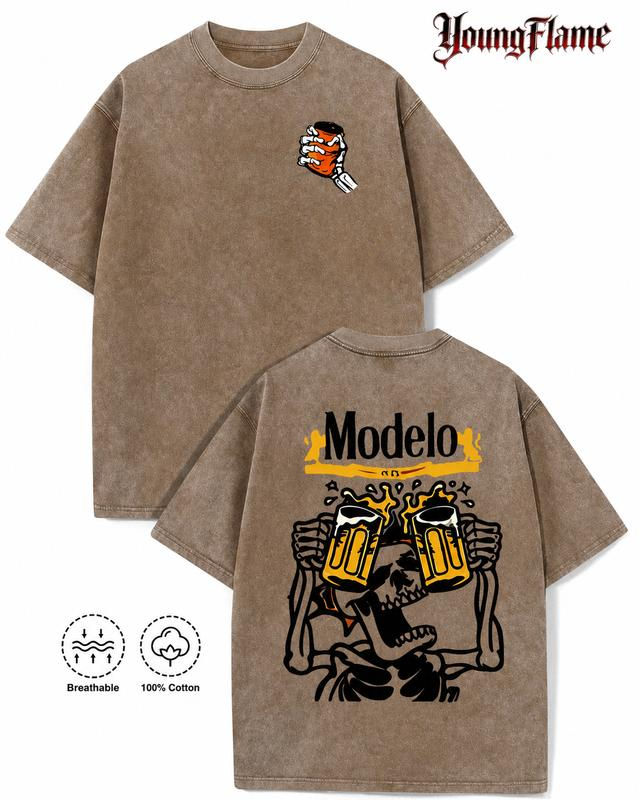 Skeleton Beer Mug Toast Graphic Washed Tee with Front Hand Detail
