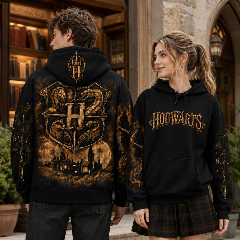 Hogwarts Crest and Castle Graphic Pullover Hoodie with Ornate Sleeve Artwork