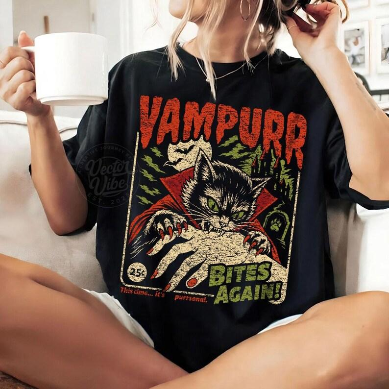 Vampurr Bites Again Vampire Cat Vintage Horror Comic Graphic T-Shirt