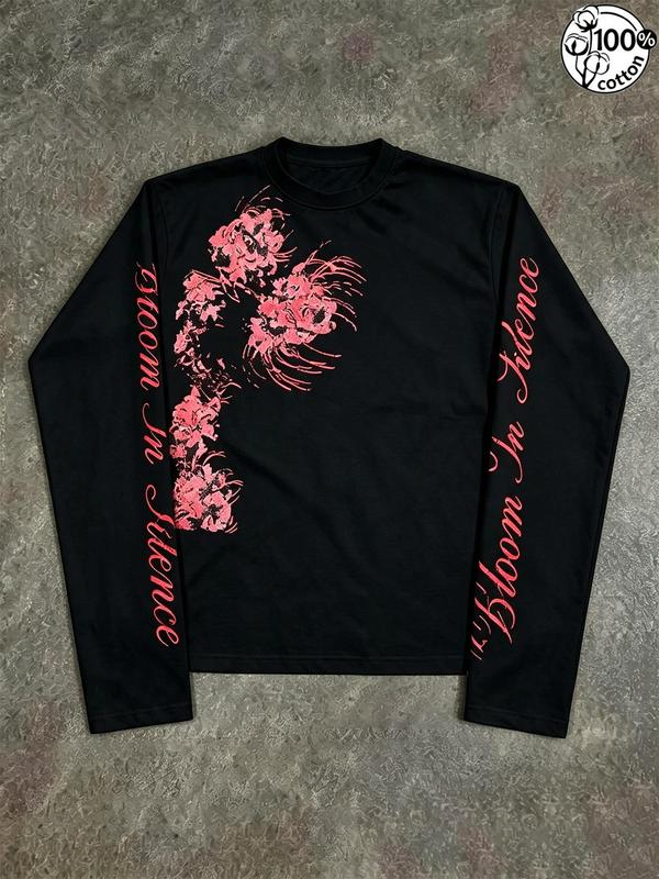 Bloom in Silence Floral Graphic Long Sleeve T-Shirt with Script Sleeve Lettering