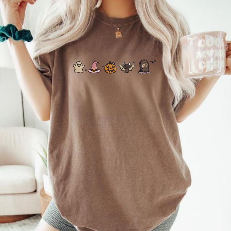 Halloween Ghost Witch Hat Pumpkin and Bat Graphic Crewneck T-Shirt