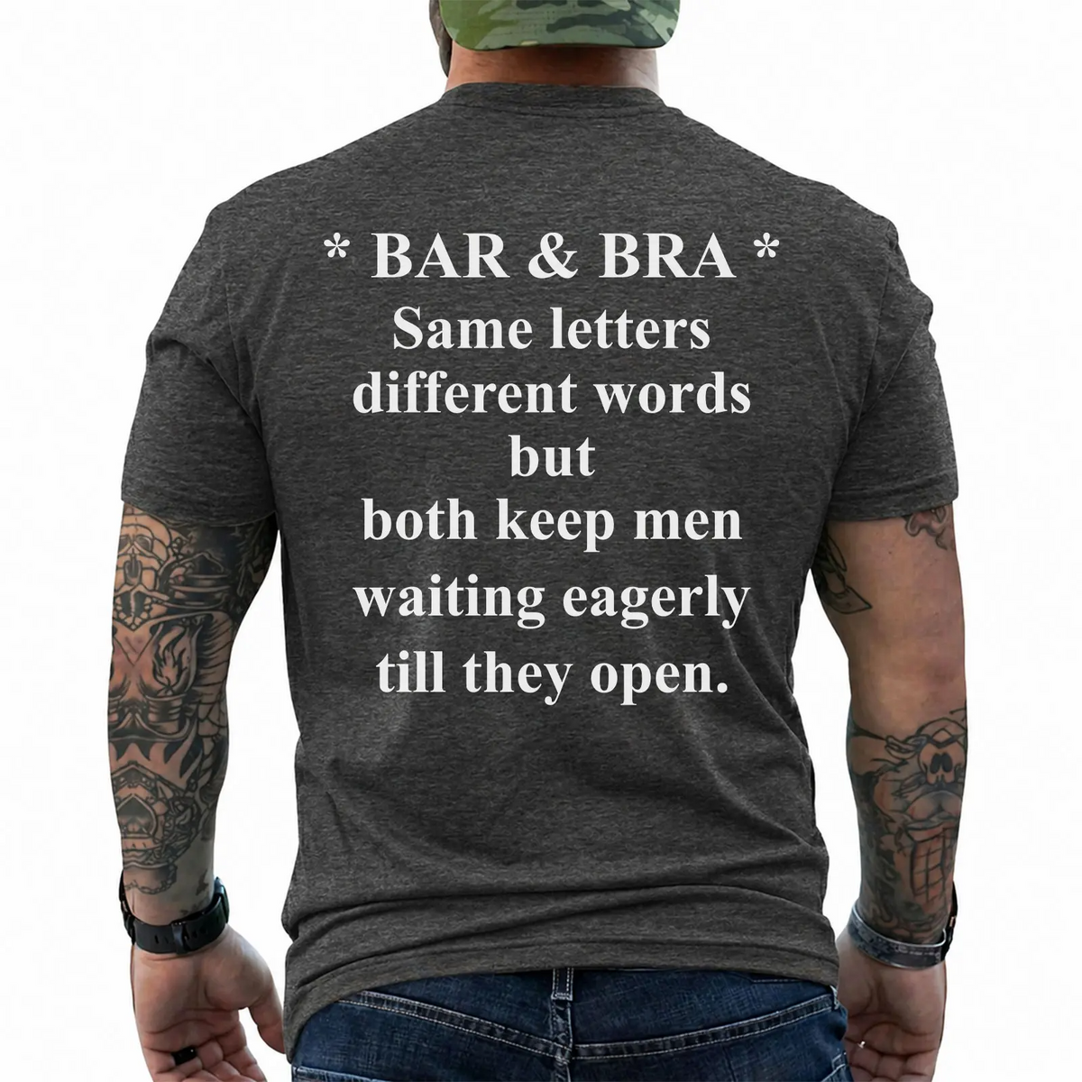 Bar & Bra Wordplay Graphic T-Shirt with Humorous Back Print