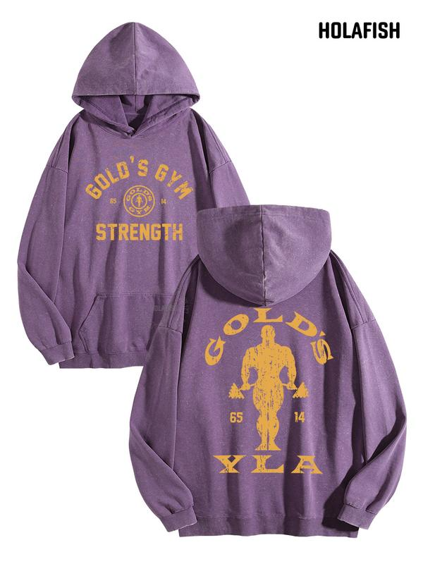 Gold’s Gym Strength Lettering Hoodie with Distressed Bodybuilder Back Graphic