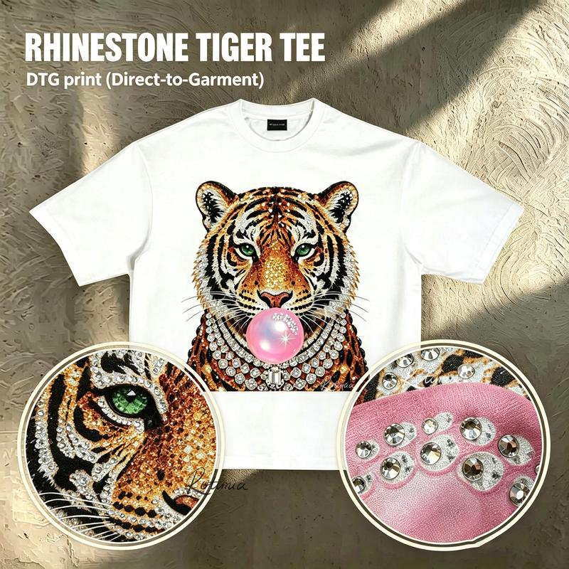 Bubblegum Tiger Graphic Tee with Jewel Effect Artwork and Pink Bubble