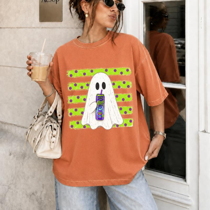 Ghost Sipping a Drink with Polka Dot Stripes Halloween Graphic Tee