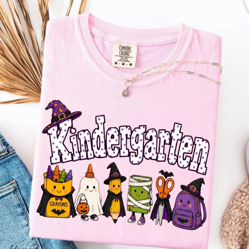 Kindergarten Halloween School Supplies Graphic Tee with Playful Witch Hats and Ghosts