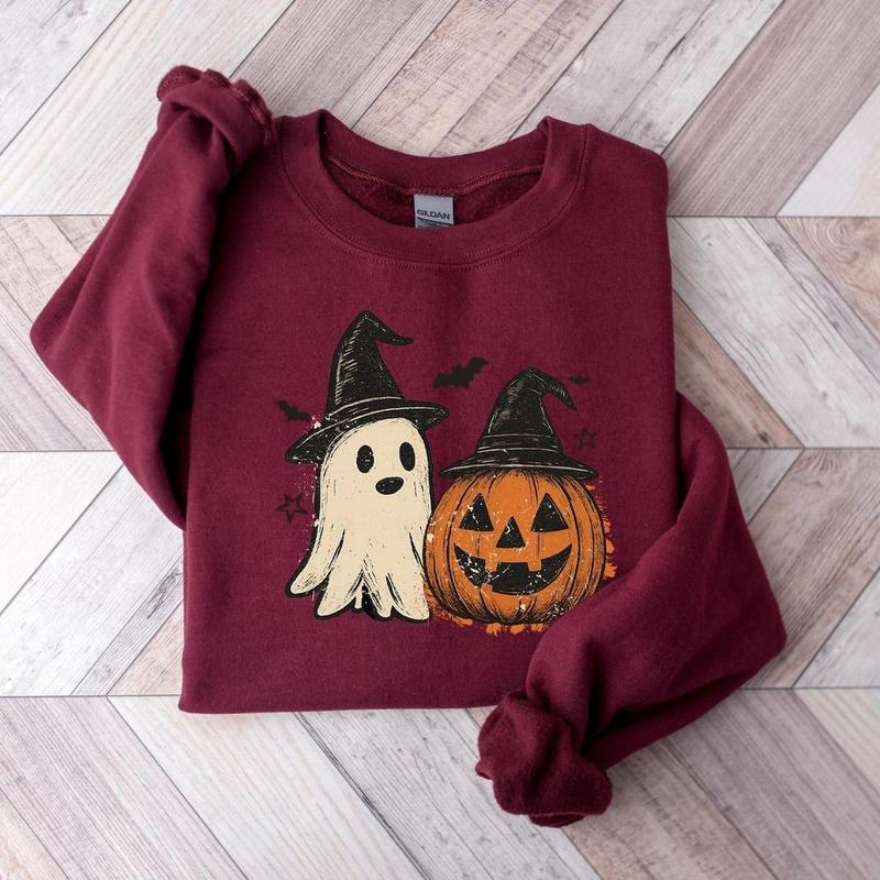 Ghost and Jack O’Lantern Witch Hat Halloween Graphic Crewneck Sweatshirt