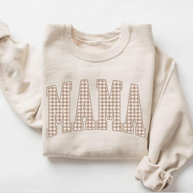 Mama Gingham Letter Graphic Crewneck Sweatshirt with Varsity Style Design