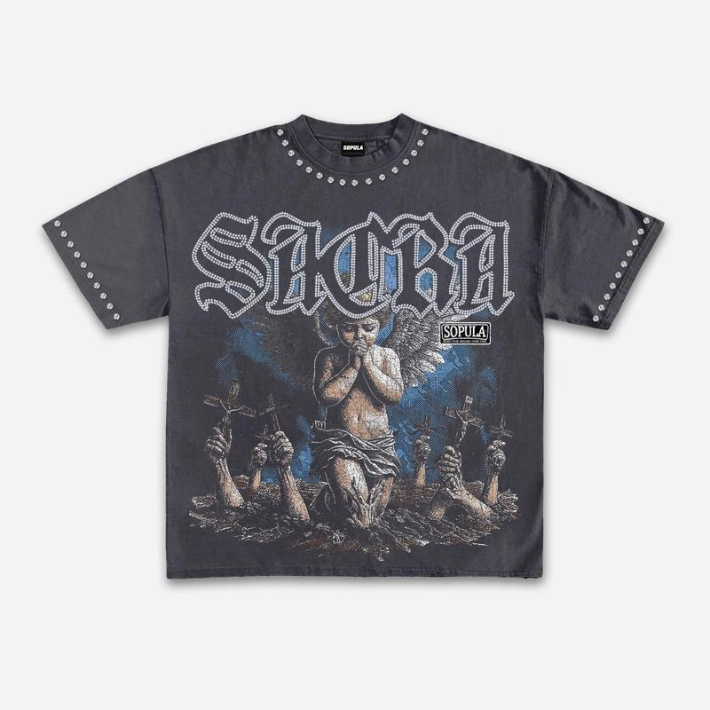 Studded Gothic Angel and Crosses Graphic Oversized Streetwear Tee