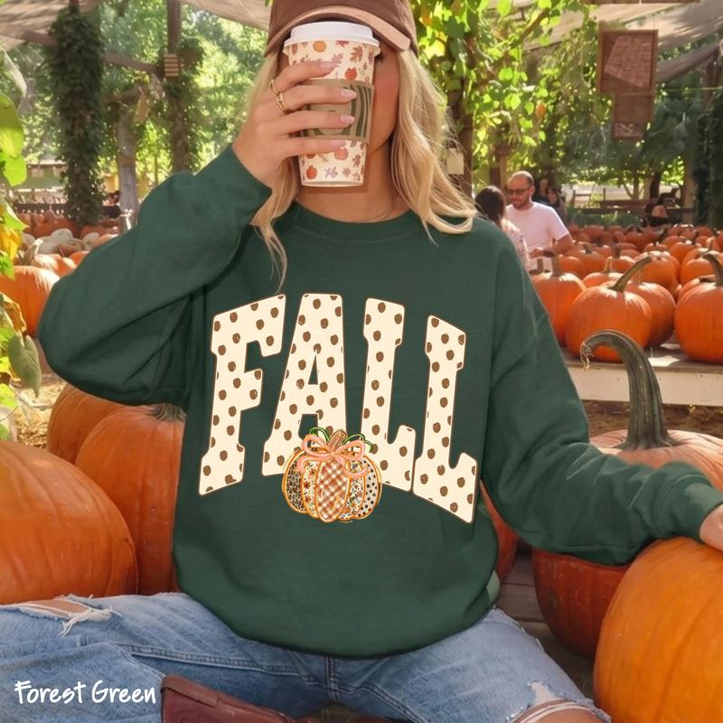 Fall Pumpkin Graphic Crewneck Sweatshirt with Polka Dot Lettering
