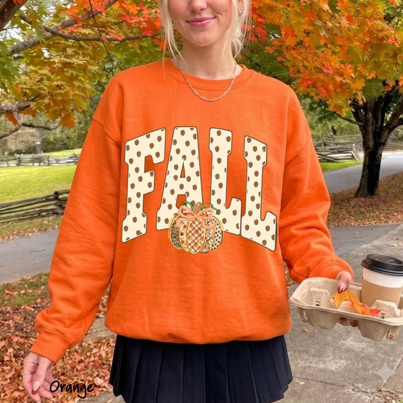 Fall Pumpkin Graphic Crewneck Sweatshirt with Polka Dot Lettering