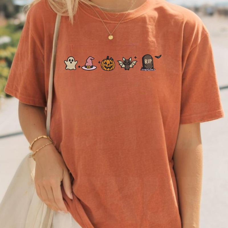 Halloween Ghost Witch Hat Pumpkin and Bat Graphic Crewneck T-Shirt