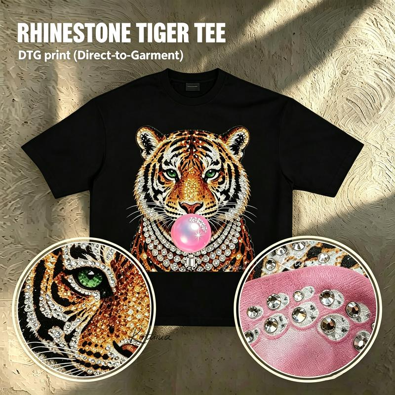 Bubblegum Tiger Graphic Tee with Jewel Effect Artwork and Pink Bubble