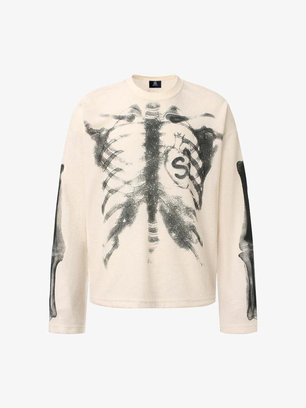 X-Ray Skeleton Rib Cage and Arm Bone Graphic Long Sleeve Crewneck Top