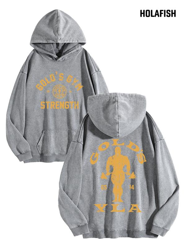 Gold’s Gym Strength Lettering Hoodie with Distressed Bodybuilder Back Graphic
