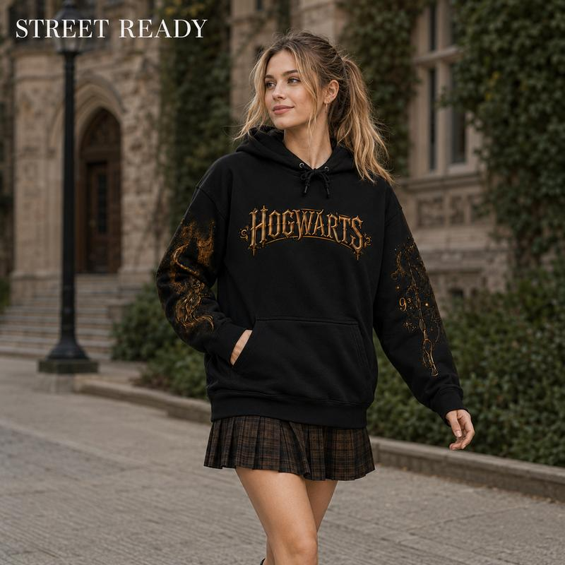 Hogwarts Crest and Castle Graphic Pullover Hoodie with Ornate Sleeve Artwork