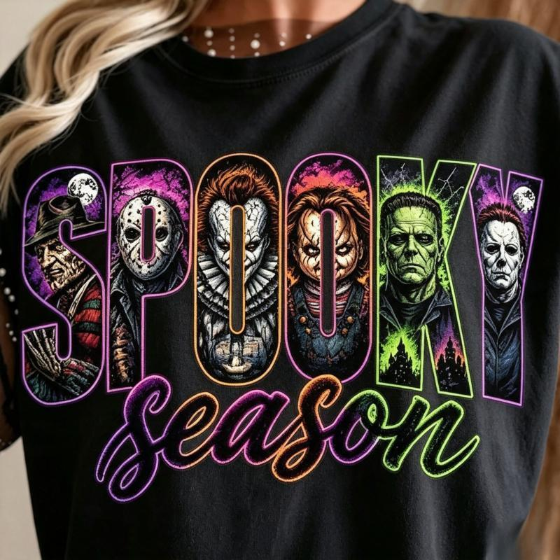 Spooky Season Classic Horror Character Collage Graphic Shirt