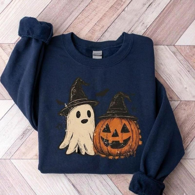 Ghost and Jack O’Lantern Witch Hat Halloween Graphic Crewneck Sweatshirt