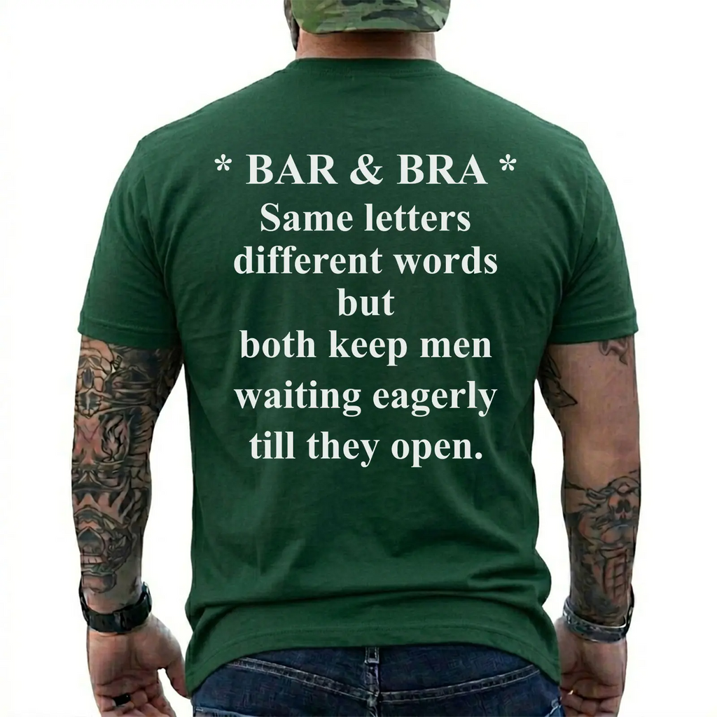 Bar & Bra Wordplay Graphic T-Shirt with Humorous Back Print