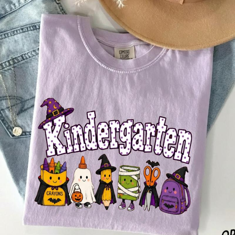 Kindergarten Halloween School Supplies Graphic Tee with Playful Witch Hats and Ghosts