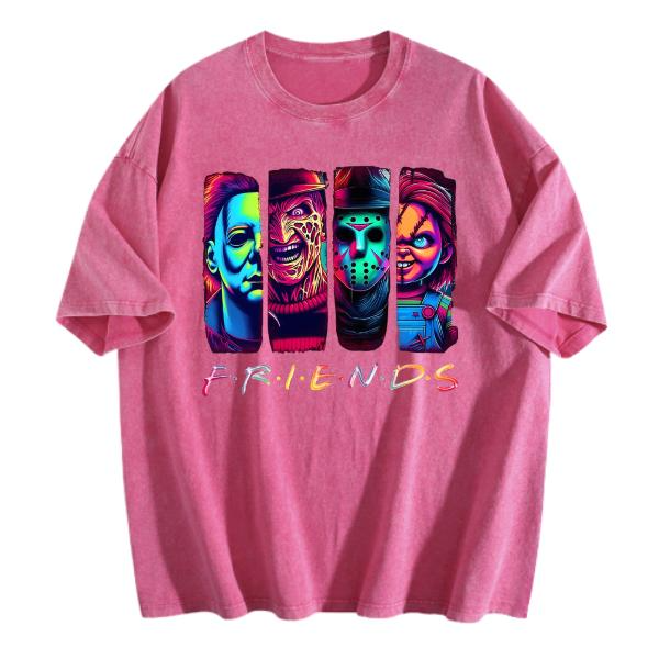 Neon Horror Character Portraits Friends Graphic Crewneck Short Sleeve T-Shirt