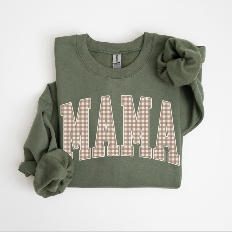 Mama Gingham Letter Graphic Crewneck Sweatshirt with Varsity Style Design