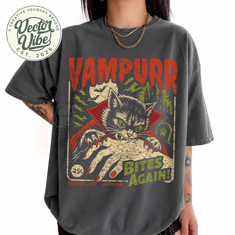 Vampurr Bites Again Vampire Cat Vintage Horror Comic Graphic T-Shirt