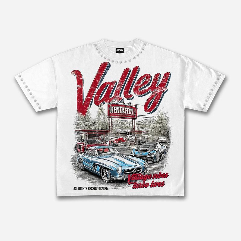 Vintage Valley Car Meet Graphic Tee with Studded Trim