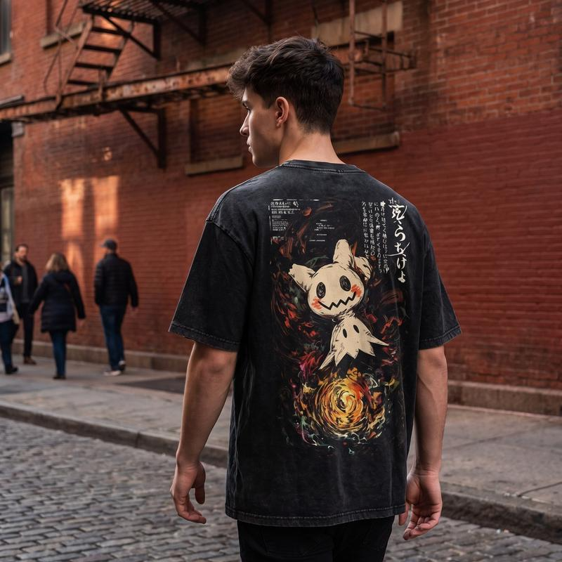 Mimikyu Graphic T-Shirt with Swirling Artwork and Small Chest Detail