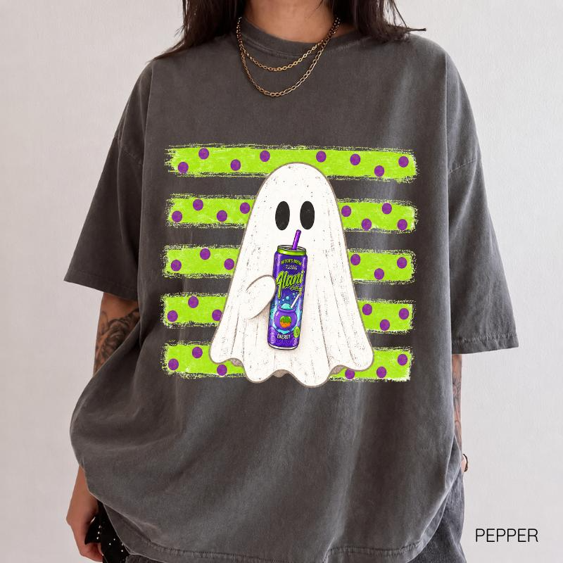 Ghost Sipping a Drink with Polka Dot Stripes Halloween Graphic Tee