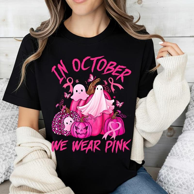 In October We Wear Pink Ghost and Pumpkin Halloween Graphic Shirt