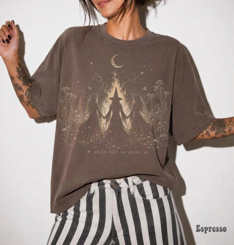Girls Will Be Girls Witch Circle and Crescent Moon Graphic T-Shirt