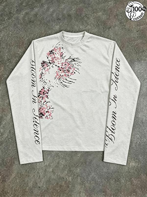 Bloom in Silence Floral Graphic Long Sleeve T-Shirt with Script Sleeve Lettering