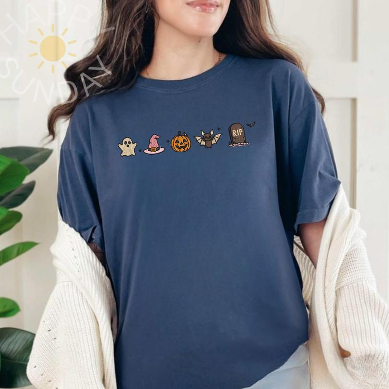 Halloween Ghost Witch Hat Pumpkin and Bat Graphic Crewneck T-Shirt
