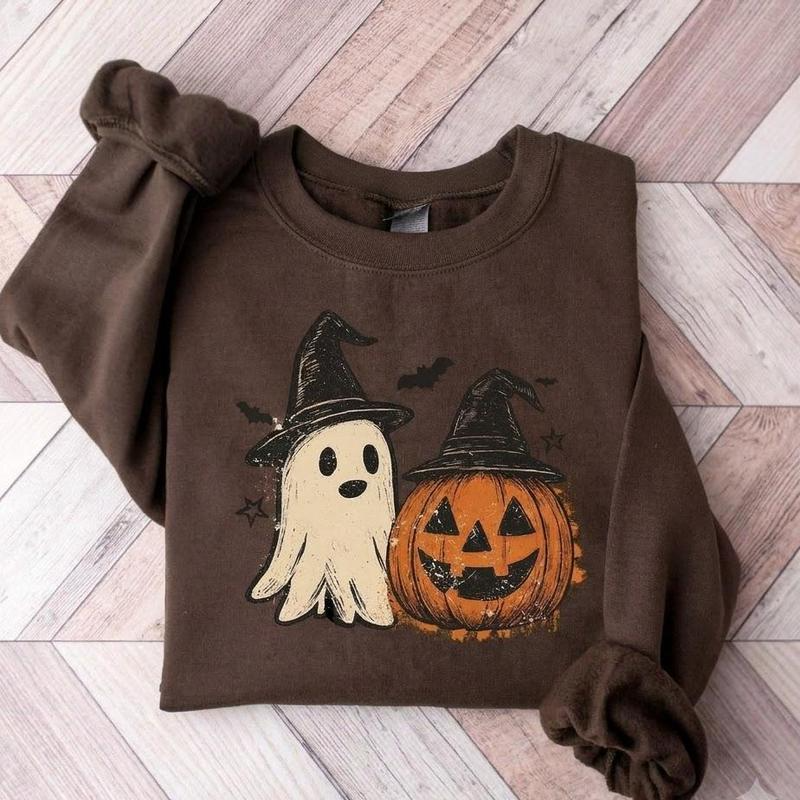 Ghost and Jack O’Lantern Witch Hat Halloween Graphic Crewneck Sweatshirt