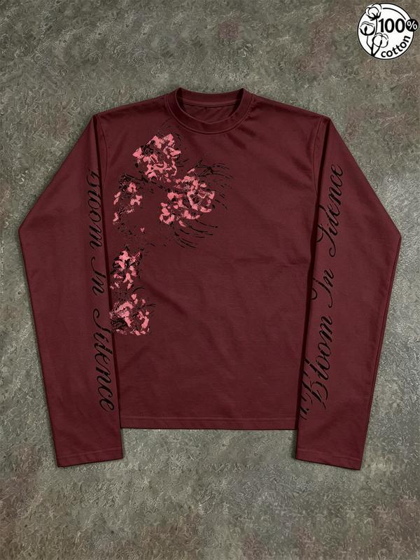 Bloom in Silence Floral Graphic Long Sleeve T-Shirt with Script Sleeve Lettering