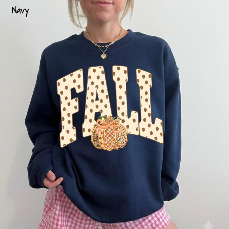 Fall Pumpkin Graphic Crewneck Sweatshirt with Polka Dot Lettering