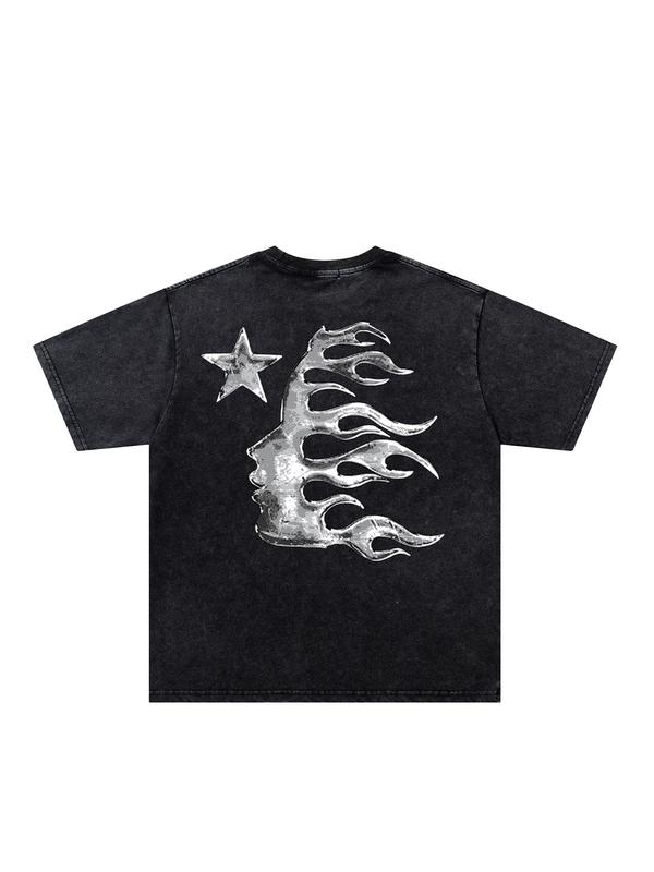Hell Star Chrome Graphic Washed Tee with Flame and Star Artwork